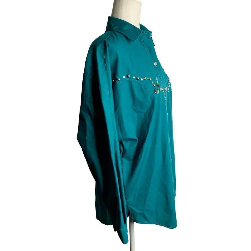 Vintage 80s H Bar C Embellished Western Shirt M Green Long Sleeve Rhinestone - Picture 5 of 6
